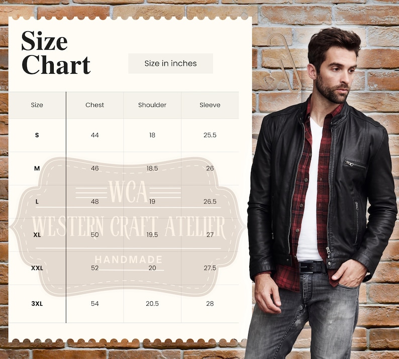 May include: A black leather jacket with a red plaid shirt underneath. The image also includes a size chart with measurements in inches for chest, shoulder, and sleeve sizes, and the text "WESTERN CRAFT ATELIER HANDMADE".