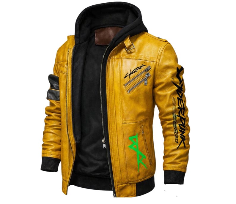May include: Mustard yellow leather jacket with a black hooded insert. The jacket features black accents on the sleeves and the text "Cyberpunk" in black on the right sleeve and "Sherpunk" on the chest. Green text is also visible.