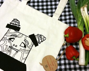 Robot Screen printed Fashion Tote, Sustainable Grocery Shopper, Upcycled fibres