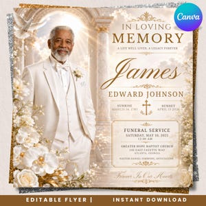 May include: An editable funeral program flyer featuring a portrait of an older man in a white suit, white flowers, and a dove. Text includes IN LOVING MEMORY, James Edward Johnson, dates, and service details for Greater Hope Baptist Church.