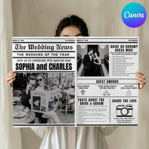 May include: A black and white wedding newspaper with the headline "The Wedding News" and the names "Sophia and Charles." The newspaper includes photos, guest awards, and facts about the bride and groom. The Canva logo is visible.