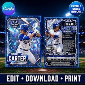 Könnte beinhalten: Zwei digitale Baseball-Sammelkarten-Vorlagen mit einem Spieler namens Thomas Carter in blau-weißer Uniform. Die Karten enthalten einen holografischen blauen Rand, Spielerstatistiken und Textfelder zur individuellen Anpassung.