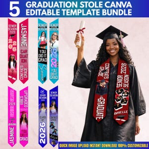 Può includere: Un pacchetto di modelli di stole per la laurea. L'immagine presenta una laureata con una toga nera e una stola rossa con la scritta "Senior 2026" e "Graduate". Sono mostrati anche esempi di stole personalizzabili.