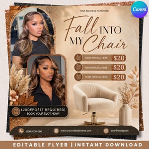 September Booking Flyer, Fall Season Booking Flyer, Fall Into My Chair, Fall Hair Flyer, Fall Season Lash Nails Braids Wig, Canva Editable