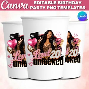 May include: Three white paper cups featuring a birthday graphic with a person in a leopard print top, pink and black heart balloons, a champagne bottle, and the text Level 20 unlocked in pink glittery script and bold black lettering.