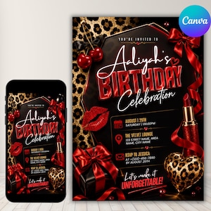 May include: A digital birthday invitation template featuring a black background with a leopard print border. The text reads Aaliyah's BIRTHDAY Celebration. Graphics include red cherries, a red lipstick, a red gift box, and a heart-shaped ornament.