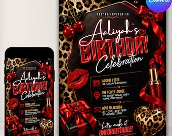 Cheetah Cherries Birthday Invitation Neon Pink Red Leopard, Glam Girls Night Out, Bachelorette, Instant Download, Editable Canva Template