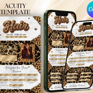 May include: Acuity template for a hair salon, featuring a leopard print design. The design includes the word "Hair" in a 3D style, salon details, and a photo. The template is displayed on a phone and a tablet.