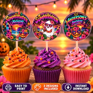 May include: Three cupcakes with decorative circular toppers featuring tropical sunset scenes, palm trees, and jack-o'-lanterns. The toppers display text including Summerween Birthday and Anderson's Birthday, attached to wooden sticks on frosted cupcakes.