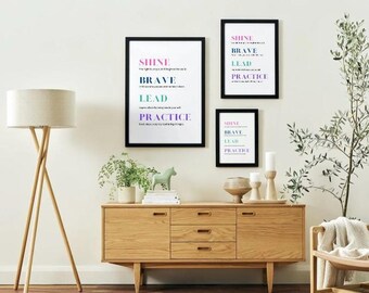 Motivational Poster – Shine, Brave, Lead, Practice – Inspirational Wall Art – Digital Download