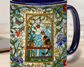 Taza de gato con vitral, taza de café con arte de gato literario, taza de gato de fantasía colorida, regalo para lectores, taza para amantes de los gatos, regalo para amantes de los libros