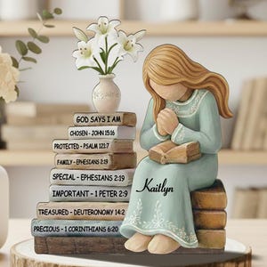 May include: A figurine of a woman in a pale blue dress, seated and holding a book, with hands clasped in prayer. The figurine sits atop a stack of books with Bible verses. A vase of white flowers is next to the figurine. The name "Kaitlyn" is written on the dress.