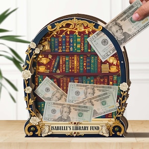 Personlig spargris för biblioteksfond, sparbössa för böcker, present till bokälskare, sparbössa för barn med läsefond, biblioteksdekor