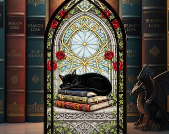 Cat Book Nook Insert, Stained Glass Book Nook, Gothic Window Bookshelf Decor, Cozy Library Cat Scene, Bookish Gift For Reader