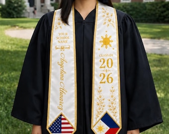 Custom Filipino American Graduation Stole, Personalized Philippines USA Flag Grad Sash, Class of 2026, Senior Stole, Filipino Grad Gift