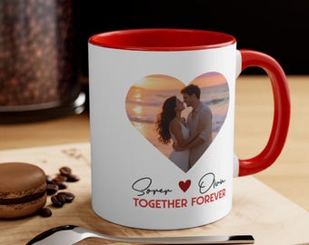 Gepersonaliseerde fotomok stel, aangepaste hartfotokop, cadeau voor stellen, mok jubileum, huwelijksfotocadeau, koffiekopje valentijn