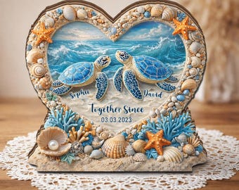 Personalized Sea Turtle Couple Wooden Block, Together Since Custom Anniversary Gift, Beach Wedding Decor, Coastal Love Sign for Couple