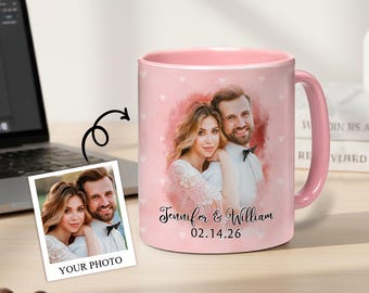 Gepersonaliseerde fotomok stel, huwelijksfotocadeau, koffiekopje aangepaste datum, Valentijnsdagcadeau, jubileumcadeau voor echtgenoot