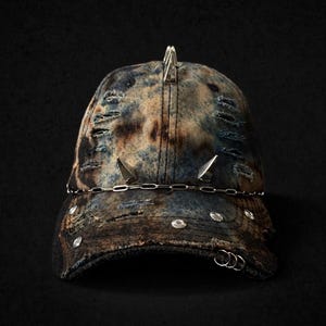 Puede incluir: Gorra de béisbol de mezclilla desgastada con púas metálicas, una cadena y tachuelas plateadas. La gorra tiene un aspecto desgastado y descolorido con rasgaduras y desgarros, y un imperdible plateado en la parte superior. La estética general es atrevida e inspirada en el punk.