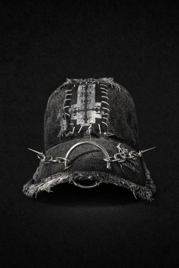 Handcrafted Custom Cap – Dark/Grunge Style Uniqe Distressed Cap with Metal Accents