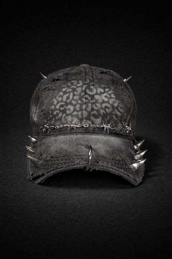 Handcrafted Custom Cap – Dark/Grunge Style Uniqe Distressed Cap with Metal Accents