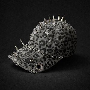 Könnte beinhalten: Grau-schwarze Baseballkappe mit Leopardenmuster, silbernen Stacheln und Kettendetail. Die Kappe hat einen Used-Look und eine Metallöse an der Seite. Die Stacheln sind gleichmäßig auf der Oberseite und vorne angeordnet.