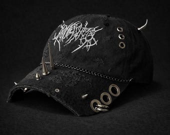 Handcrafted Custom Cap – Dark/Grunge Style Uniqe Distressed Cap with Metal Accents