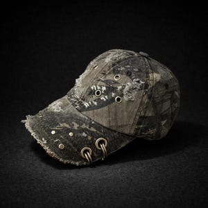 Könnte beinhalten: Tarnfarbene Baseballkappe mit Used-Look-Details. Die Kappe hat ein Tarnmuster in Grün-, Braun- und Grautönen. Sie hat Metallösen und silberfarbene Ringe am Schirm, mit einem ausgefransten Rand für einen abgenutzten Look.