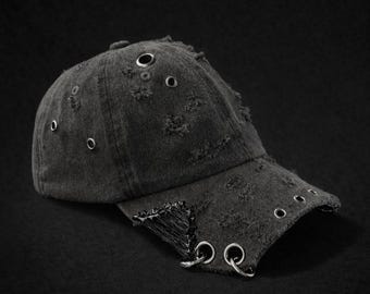 Handcrafted Custom Cap – Dark/Grunge Style Uniqe Distressed Cap with Metal Accents