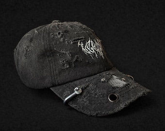 Handcrafted Custom Cap – Dark/Grunge Style Uniqe Distressed Cap with Metal Accents