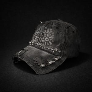 May include: Black baseball cap with distressed details, metal spikes, and barbed wire accents. The cap features a faded leopard print design on the crown and a metal ring on the brim. A stylish and edgy accessory.