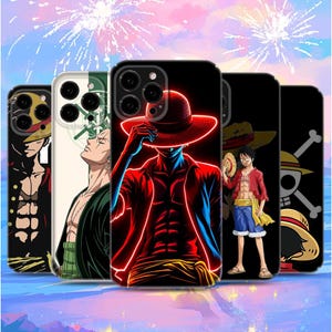May include: A collection of phone cases featuring anime-style illustrations. The cases display various characters in vibrant colors, including a character in a red hat and jacket with a neon outline. Other cases showcase different characters and a pirate flag.
