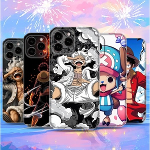 May include: A collection of five phone cases featuring colorful anime character designs. The cases showcase various characters in action poses, with vibrant colors and detailed artwork. The cases are designed for a smartphone.