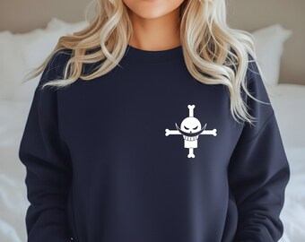 Minimal Anime Pirate Skull Logo Sweatshirt, Navy Blue Unisex Crewneck, Pirate Style Graphic Sweatshirt