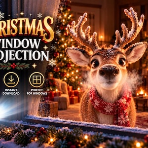 May include: A Christmas window projection featuring a reindeer with large eyes wearing a red and white patterned scarf. The text reads CHRISTMAS WINDOW PROJECTION, HD HIGH QUALITY VIDEO, INSTANT DOWNLOAD, and PERFECT FOR WINDOWS with a Santa hat icon.