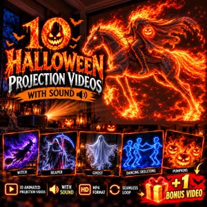 May include: A digital collection of 10 Halloween projection videos with sound, featuring a flaming headless horseman graphic. Includes individual video clips of a witch, reaper, ghost, dancing skeletons, and pumpkins, plus one bonus video in MP4 format.