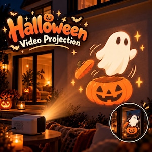 May include: A white digital projector sits on a wooden table, casting a Halloween video projection onto an exterior wall. The projection features a white ghost emerging from a carved orange jack-o'-lantern, surrounded by small yellow stars.