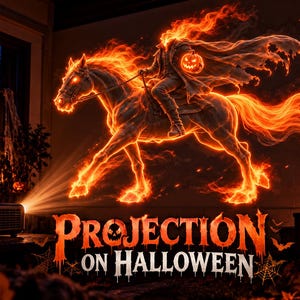 May include: A digital projector displays a glowing orange flame-effect headless horseman riding a horse on a wall. The text PROJECTION ON HALLOWEEN appears in orange and white lettering below the image, surrounded by carved jack-o'-lanterns and candles.