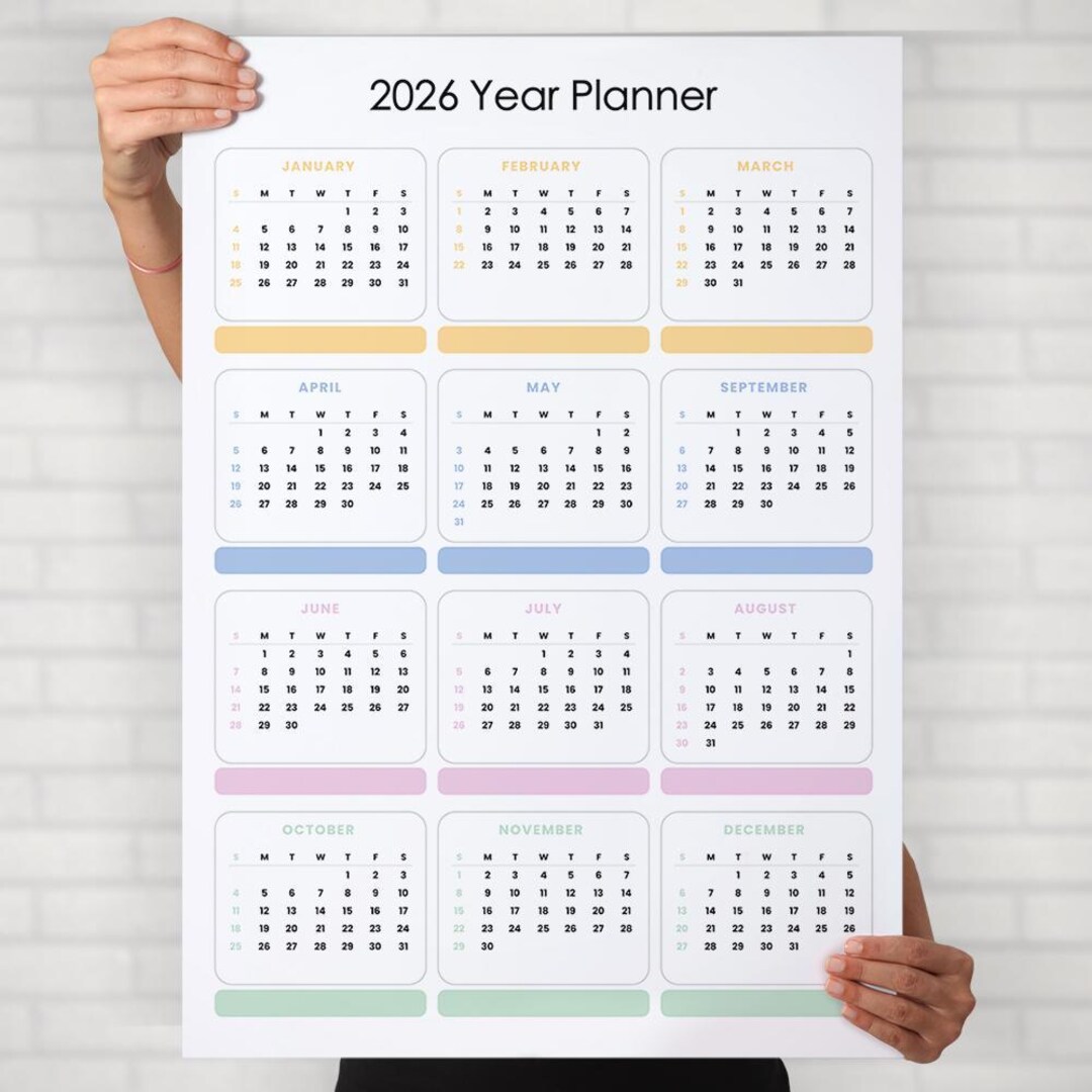 2026 Printable Yearly Wall Planner – Pastel Color Design – Year at a ...