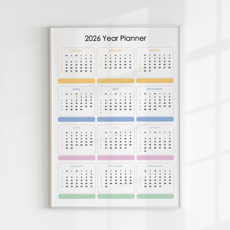 2026 Printable Yearly Wall Planner – Pastel Color Design – Year at a ...