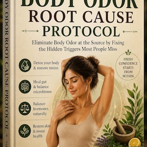 May include: A book cover titled "BODY ODOR ROOT CAUSE PROTOCOL" with a woman in a beige top. The cover includes text about detox, gut health, and hormone balance. A mortar and pestle, lemon, and herbs are also visible.