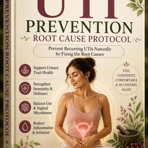 以下が含まれることがあります： 「UTI Prevention Root Cause Protocol」というタイトルの本の表紙。表紙には女性と、尿路の健康、免疫力、微生物叢のバランスに関連するイラストが描かれています。本の配色パターンはベージュ、バーガンディ、グリーンです。