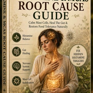 Op de afbeelding: Een boek getiteld "Histamine & MCAS Root Cause Guide" met een vrouw op de omslag. De omslag van het boek bevat tekst over histaminebalans, darmgenezing en ondersteuning van het zenuwstelsel. Het boek is van VitalisArchive.