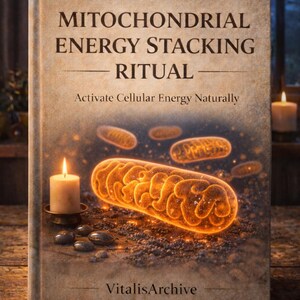 Op de afbeelding: Een boek getiteld "Mitochondrial Energy Stacking Ritual" met de ondertitel "Activate Cellular Energy Naturally". De omslag toont gloeiende oranje illustraties van mitochondriën en een brandende kaars. Het boek staat op een houten oppervlak.