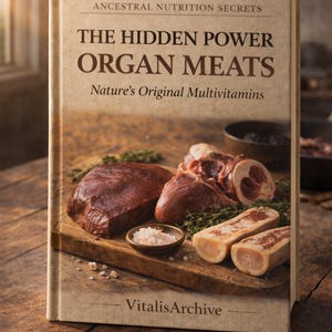 May include: A book titled "The Hidden Power of Organ Meats" with the subtitle "Nature's Original Multivitamins" is displayed next to various cuts of raw meat, including bone marrow, on a wooden cutting board. The book cover reads "Ancestral Nutrition Secrets".