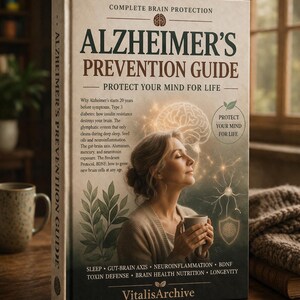 Op de afbeelding: Een boek getiteld "Alzheimer's Prevention Guide" met de ondertitel "Protect Your Mind For Life". De omslag toont een vrouw die een mok vasthoudt, met tekst over de gezondheid van de hersenen en het VitalisArchive-logo. Het boek ligt op een houten oppervlak.