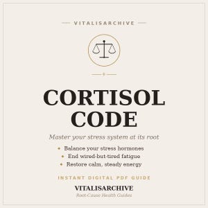 Op de afbeelding: Een digitale PDF-gids getiteld CORTISOL CODE van VITALISARCHIVE. De beige omslag bevat een zwart weegschaalpictogram, de tekst Master your stress system at its root en drie opsommingstekens over hormoonbalans, vermoeidheid en energieniveaus.