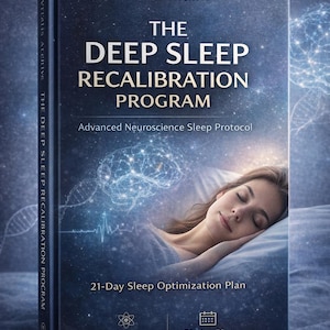 Könnte beinhalten: Buchcover für "The Deep Sleep Recalibration Program" von Vitalis Archive. Es zeigt eine schlafende Frau, eine Gehirngrafik und Text, der einen 21-Tage-Schlafoptimierungsplan mit 14 Kapiteln beschreibt.