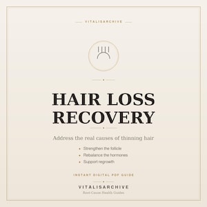 May include: A digital guide titled "HAIR LOSS RECOVERY" on a cream-colored background. The guide promises to address the real causes of thinning hair, with bullet points listing benefits. The guide is from VITALISARCHIVE.