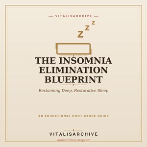 May include: A beige educational guide titled THE INSOMNIA ELIMINATION BLUEPRINT: Reclaiming Deep, Restorative Sleep. The cover features a brown battery icon with three Zs above it, the text AN EDUCATIONAL ROOT-CAUSE GUIDE, and VITALISARCHIVE.